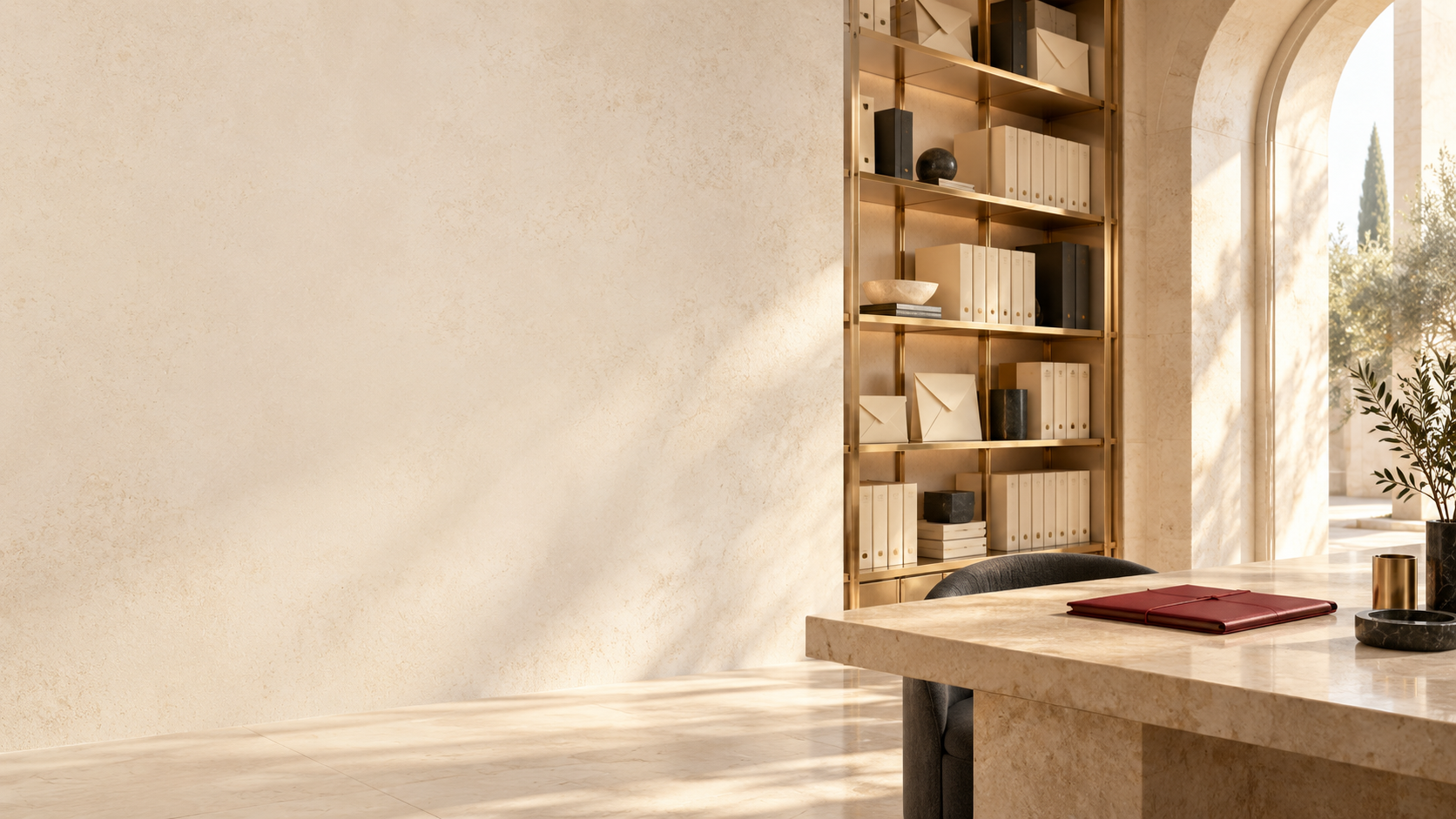 Espacio de archivo arquitectónico con carpetas, sobres y luz natural
